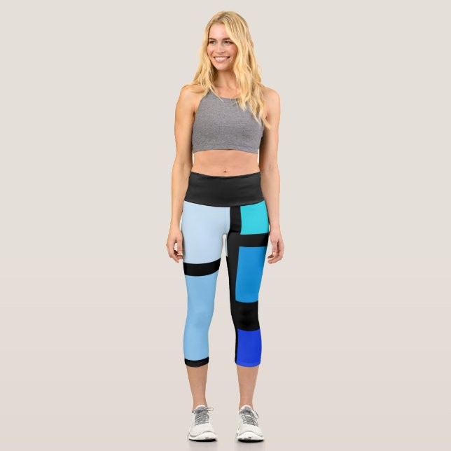 Shades of blue colour block High Waisted Capris (Front)