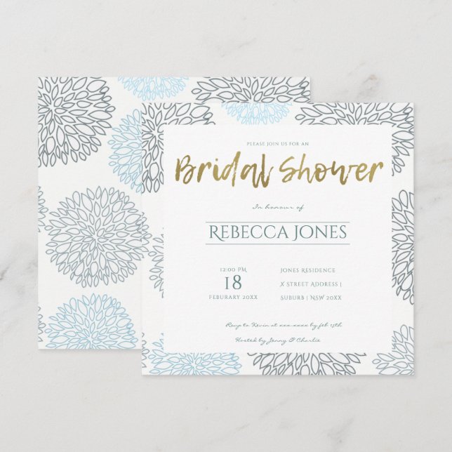SHADES OF BLUE DAHLIA PATTERN BRIDAL SHOWER INVITATION (Front/Back)