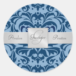 Shades of Blue Damask Monogram Wedding Sticker
