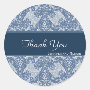 Shades of Blue Damask Thank You Classic Round Sticker