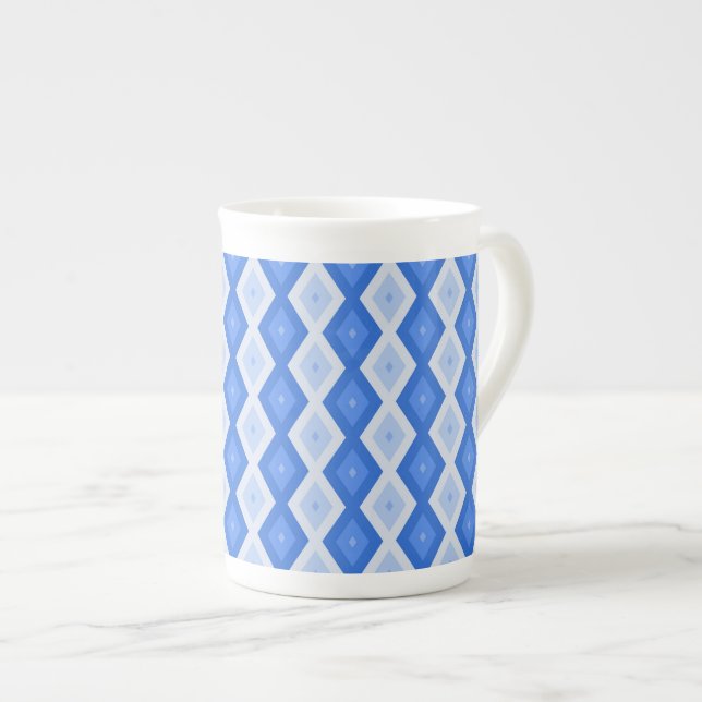 Shades of blue diamond pattern bone china mug (Front Right)