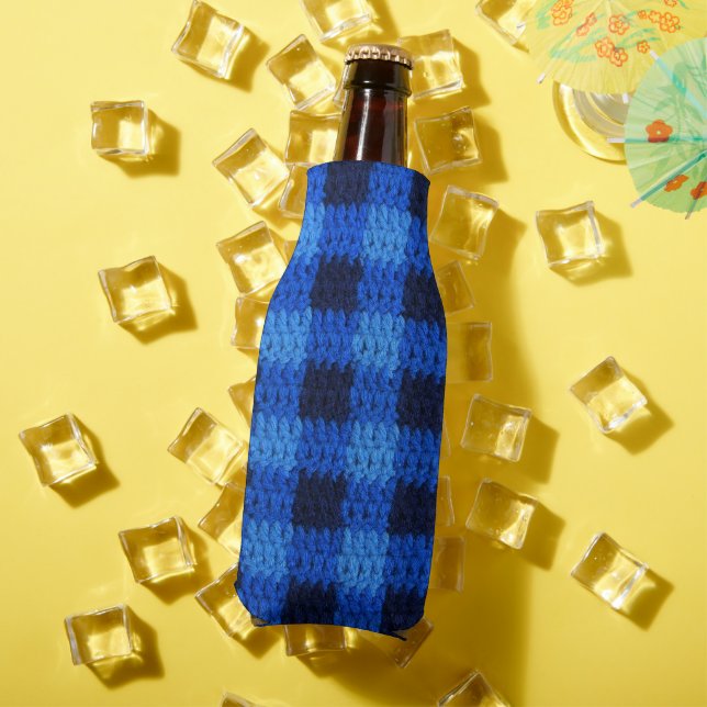 Shades of Blue Gingham Plaid Crochet Bottle Cooler (In Situ Summer)
