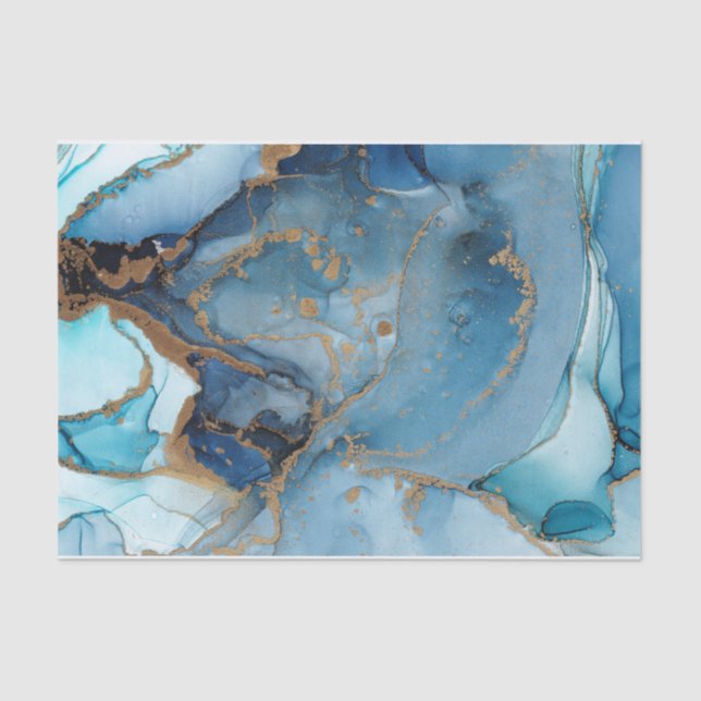 Shades of Blue, Gold Abstract Watercolor Marble  Tissue Paper (Front)