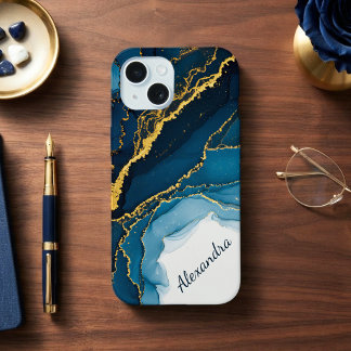 Shades Of Blue & Gold Alcohol Ink With Name iPhone 15 Case