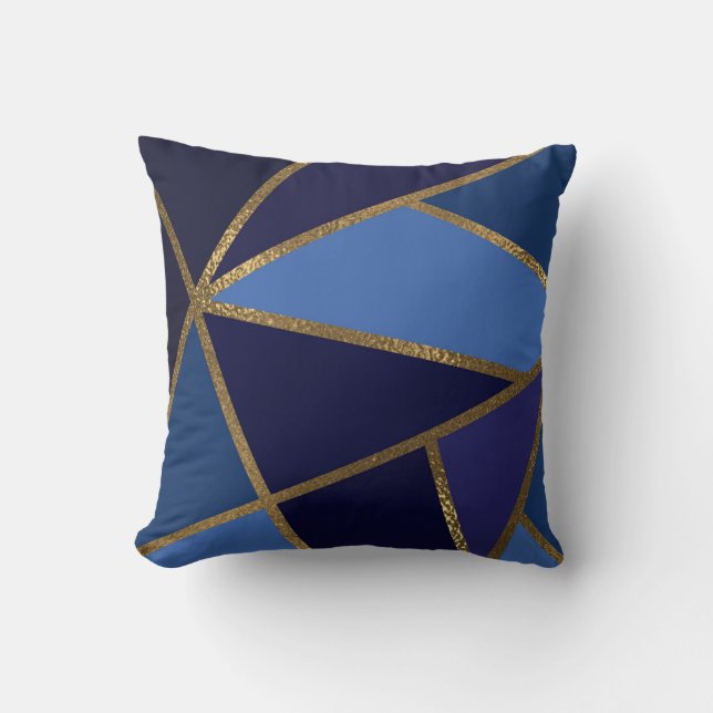 Shades of Blue & Gold Bronze Geometric Chic Cushion (Front)