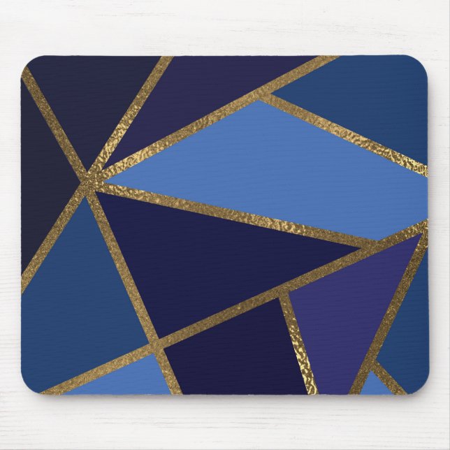 Shades of Blue & Gold Bronze Geometric Chic Office Mouse Mat (Front)