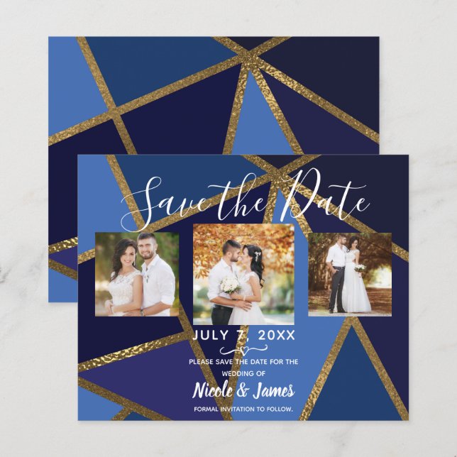 Shades of Blue & Gold Bronze Geometric Save Date (Front/Back)