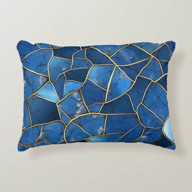 SHADES OF BLUE & GOLD MOSAIC CHIP PATTERNS DECORATIVE CUSHION (Front)