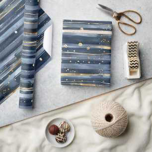 Shades of Blue Gold Stripes Dots Dreams Birthday Wrapping Paper