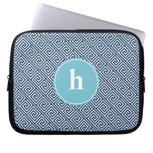 Shades of Blue Greek Key Pattern Monogram Laptop Sleeve