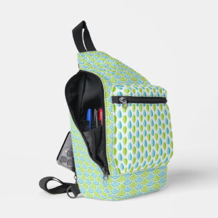 SHADES OF BLUE & GREEN SCALLOP & TEARDROP PATTERN SLING BAG