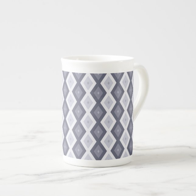 Shades of blue grey diamond pattern bone china mug (Front Right)