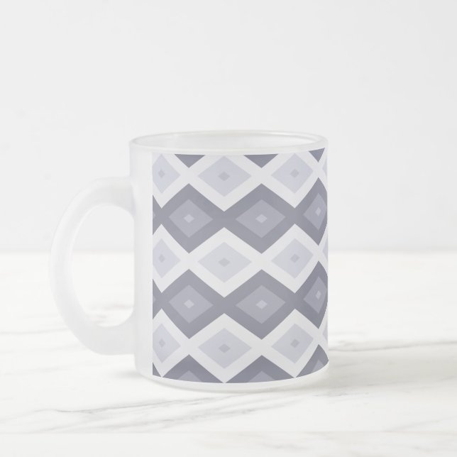Shades of blue grey diamond pattern frosted glass coffee mug (Left)