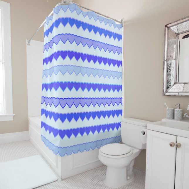 Shades of Blue Heart Rows Shower Curtain (In Situ)