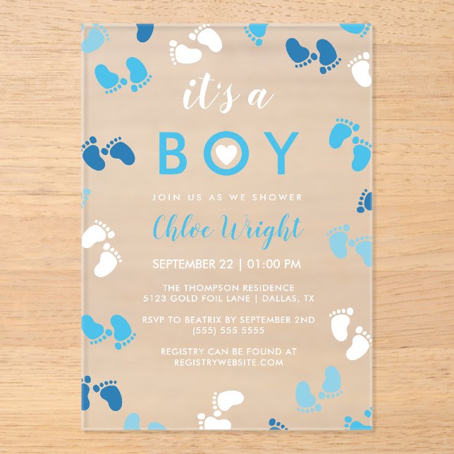 Shades of Blue It's A Boy Baby Footprints Acrylic Invitations (Front)