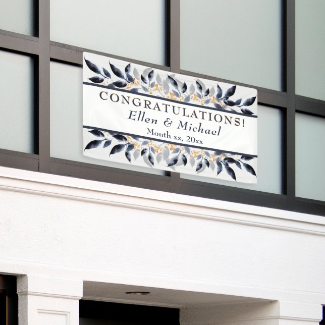 Shades of Blue Leaves with Gold, Wedding Banner (Outside Building)