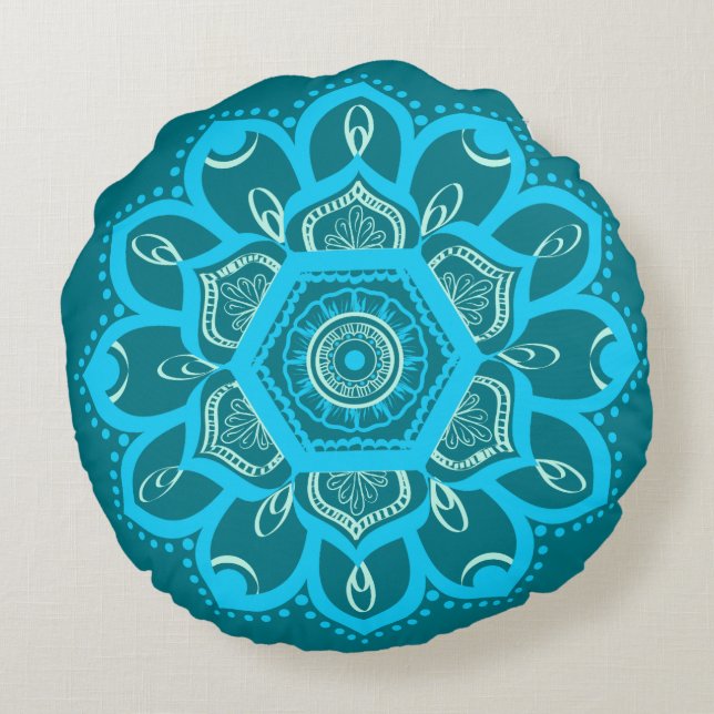 Shades of Blue Mandalas Round Throw Pillow (Back)
