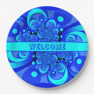 Shades of Blue Modern Abstract Fractal Art Paper Plate