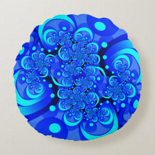 Shades of Blue Modern Abstract Fractal Art Round Cushion