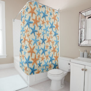 SHADES OF BLUE & ORANGE TROPICAL STARFISH SHOWER CURTAIN