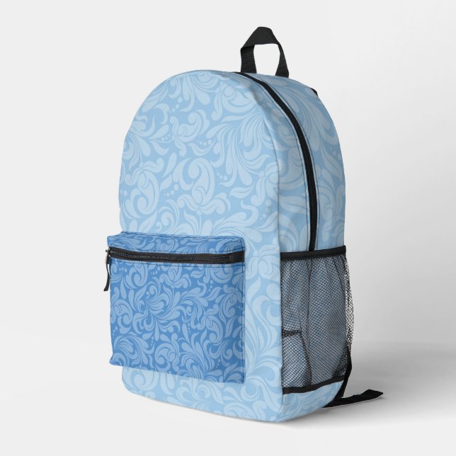 SHADES OF BLUE ORNATE DAMASK PATTERNS PRINTED BACKPACK (Back Corner Right)