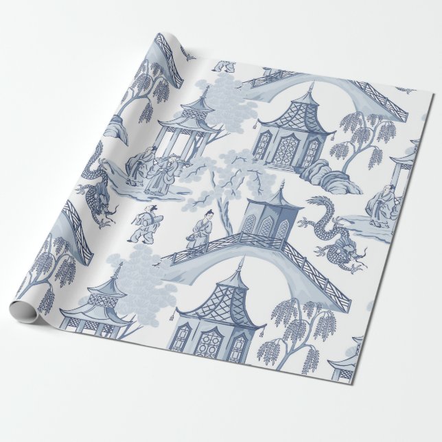 Shades of Blue Pagoda Chinoiserie Pattern Wrapping Paper (Unrolled)