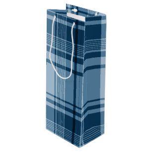 SHADES OF BLUE PLAID PATTERN WINE GIFT BAG