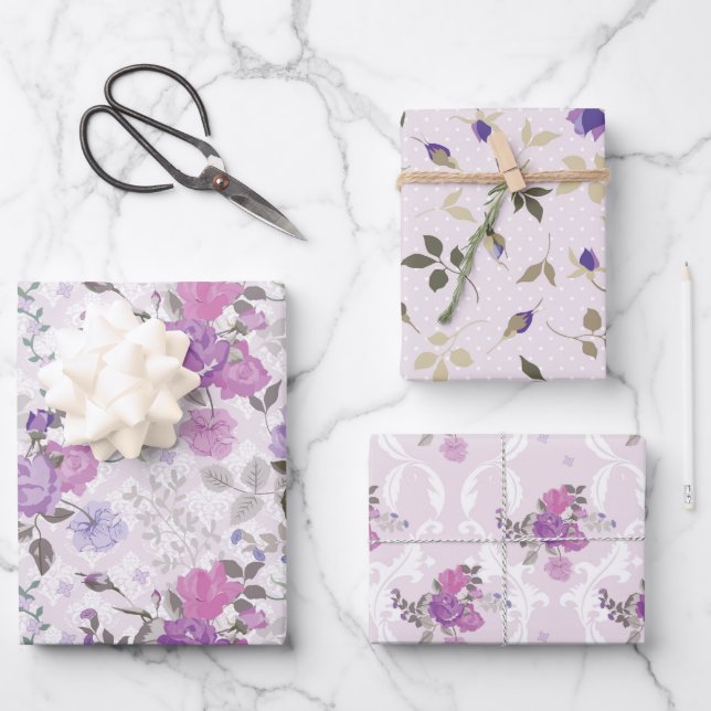 SHADES OF BLUE & PURPLE FLOWERS & PLAIDS WRAPPING PAPER SHEET (Front)