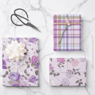 SHADES OF BLUE & PURPLE FLOWERS & PLAIDS WRAPPING PAPER SHEET
