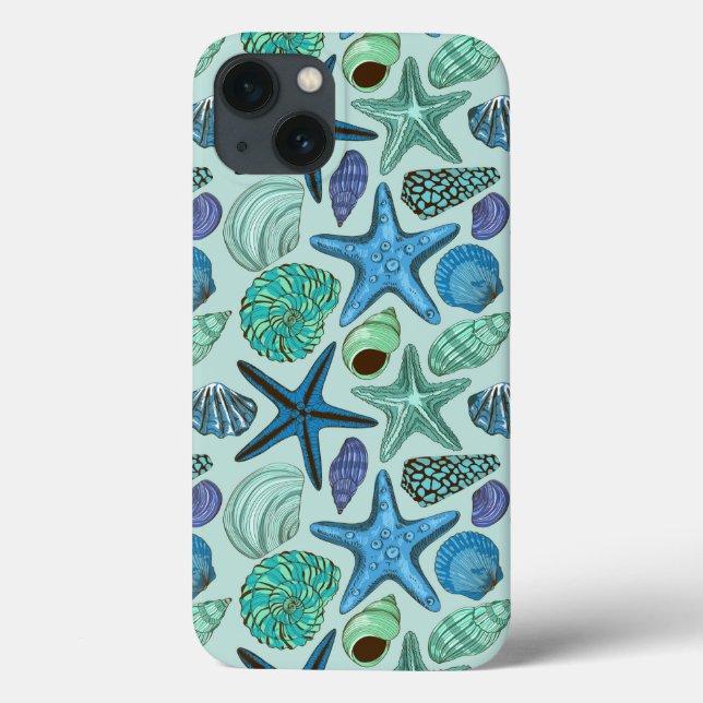 Shades Of Blue Seashells And Starfish Pattern Case-Mate iPhone Case (Back)