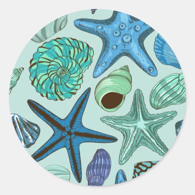 Shades Of Blue Seashells And Starfish Pattern Classic Round Sticker (Front)