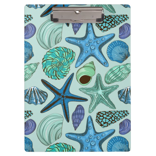 Shades Of Blue Seashells And Starfish Pattern Clipboard (Front)
