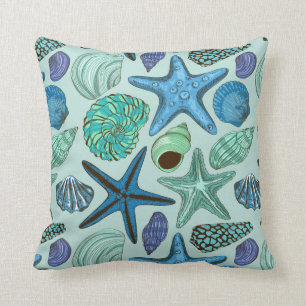 Shades Of Blue Seashells And Starfish Pattern Cushion