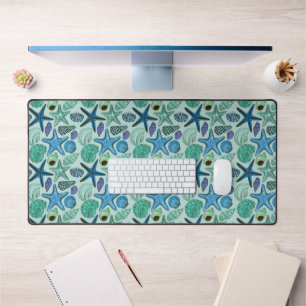 Shades Of Blue Seashells And Starfish Pattern Desk Mat