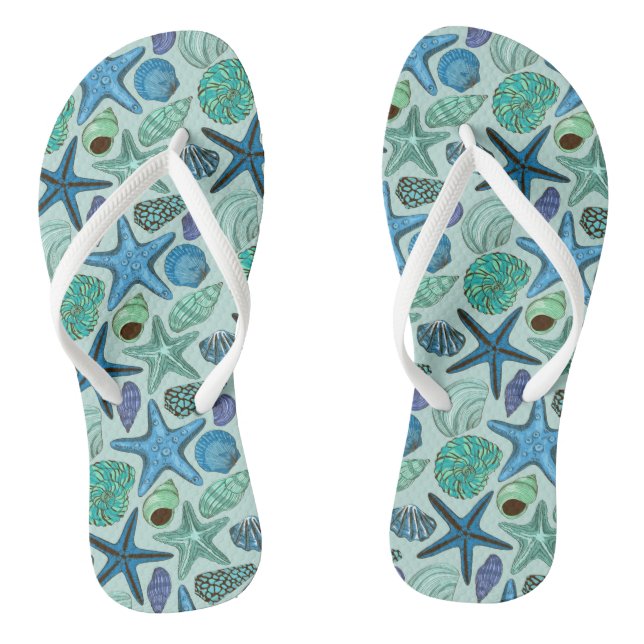 Shades Of Blue Seashells And Starfish Pattern Flip Flops (Footbed)