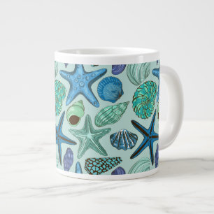 Shades Of Blue Seashells And Starfish Pattern Large Coffee Mug