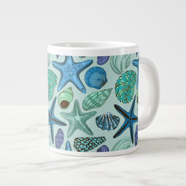 Shades Of Blue Seashells And Starfish Pattern Large Coffee Mug (Front Right)
