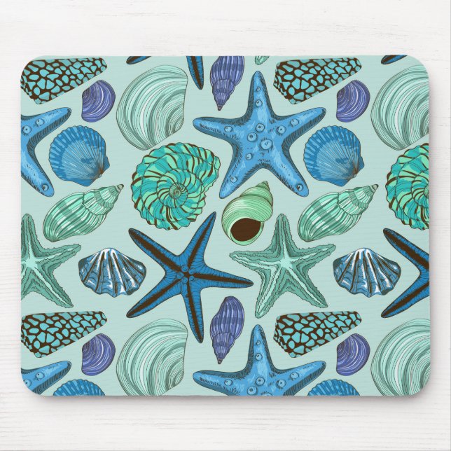 Shades Of Blue Seashells And Starfish Pattern Mouse Mat (Front)