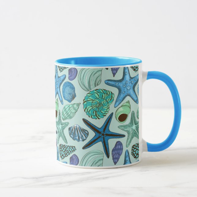 Shades Of Blue Seashells And Starfish Pattern Mug (Right)