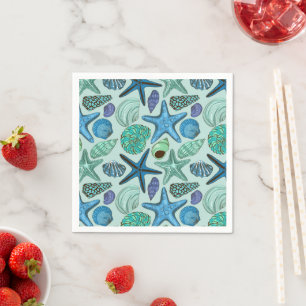 Shades Of Blue Seashells And Starfish Pattern Napkin