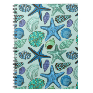 Shades Of Blue Seashells And Starfish Pattern Notebook