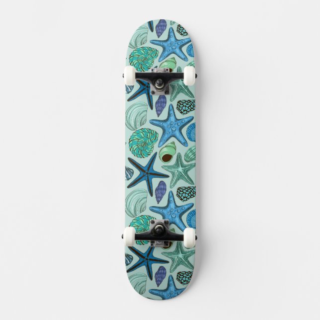 Shades Of Blue Seashells And Starfish Pattern Skateboard (Front)