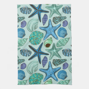 Shades Of Blue Seashells And Starfish Pattern Tea Towel
