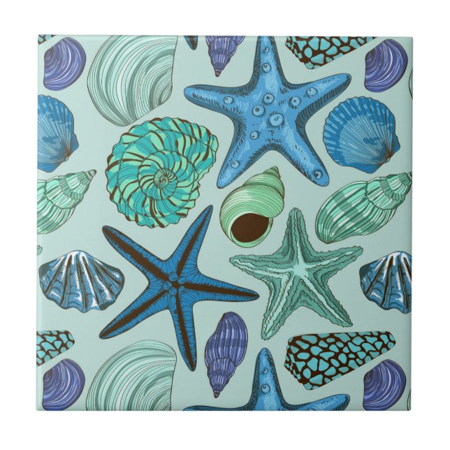 Shades Of Blue Seashells And Starfish Pattern Tile (Front)
