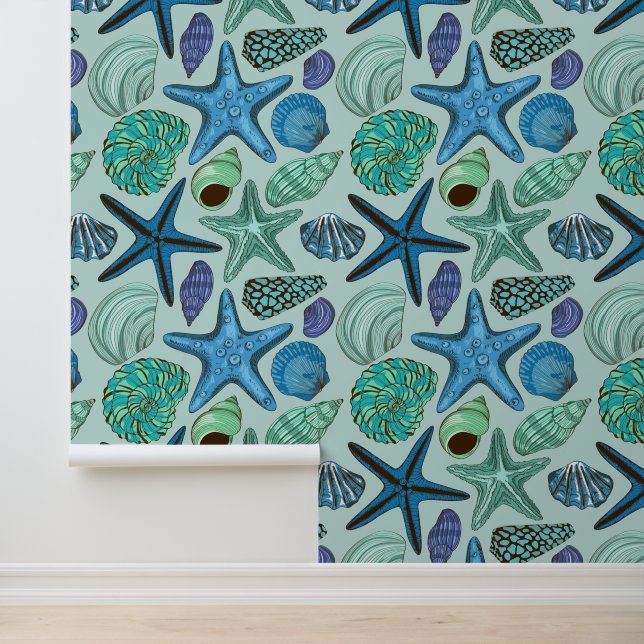 Shades Of Blue Seashells And Starfish Pattern Wallpaper (Application)