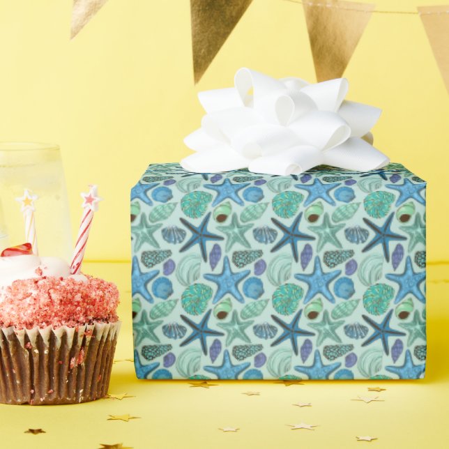 Shades Of Blue Seashells And Starfish Pattern Wrapping Paper (Birthday Party)