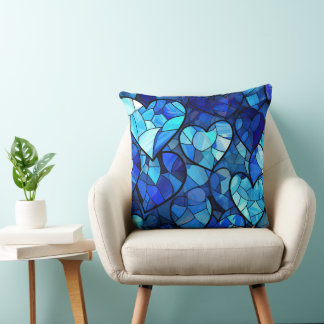 SHADES OF BLUE STAINED GLASS LOOK HEARTS CUSHION