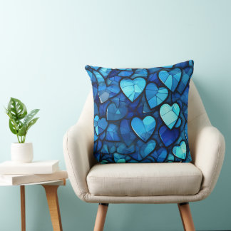 SHADES OF BLUE STAINED GLASS LOOK HEARTS CUSHION