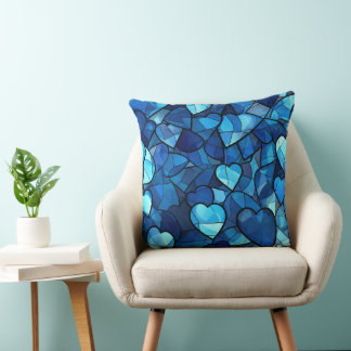 SHADES OF BLUE STAINED GLASS LOOK HEARTS CUSHION