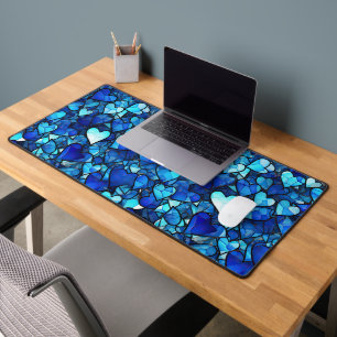 SHADES OF BLUE STAINED GLASS LOOK HEARTS DESK MAT